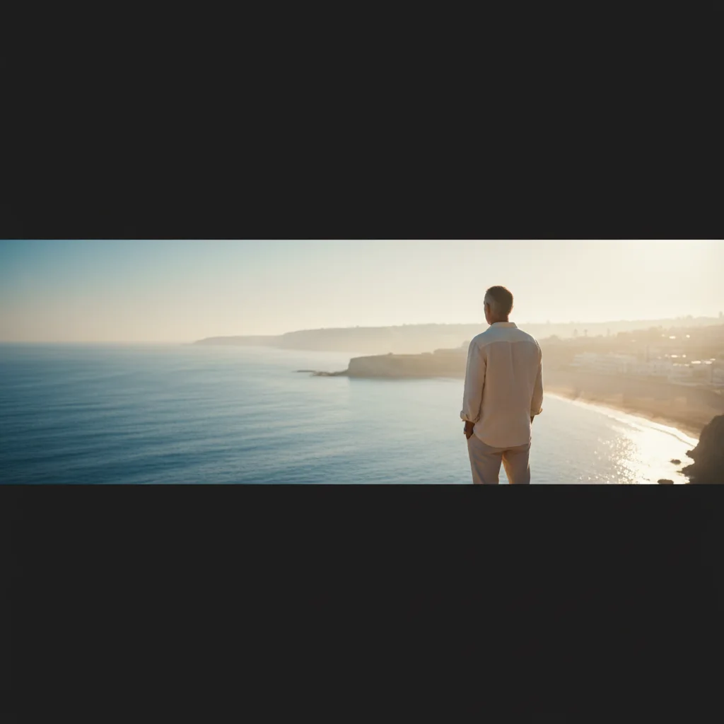 Man looking out over a calm coastal landscape at sunrise
