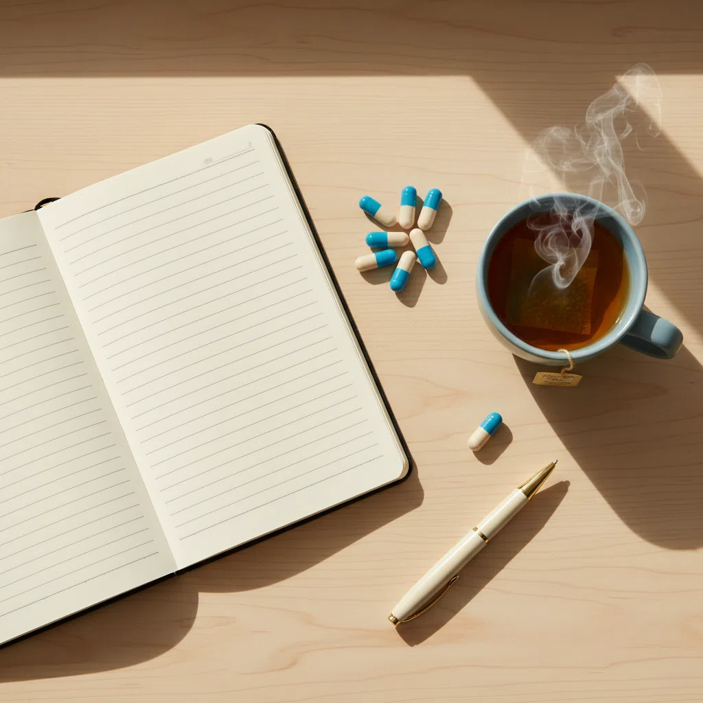 Editorial workspace with supplement capsules and herbal tea - Meridian Wellness