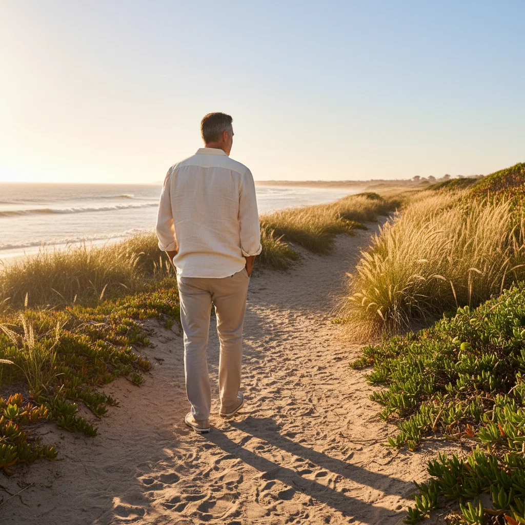 Mature man walking along a sunny beach path - active ageing men's health vitamins Australia