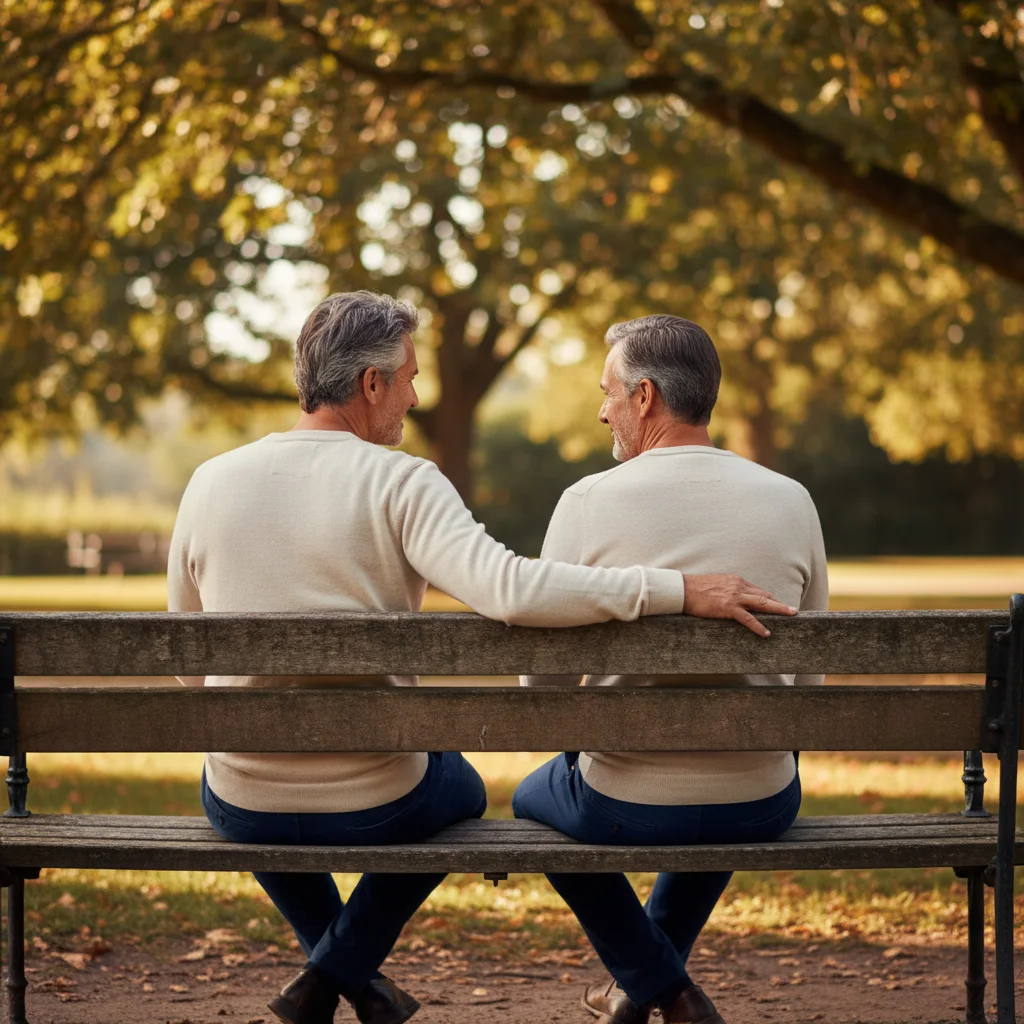 Two mature men from behind in a park conversation - urinary comfort support supplement men and lifestyle wellness