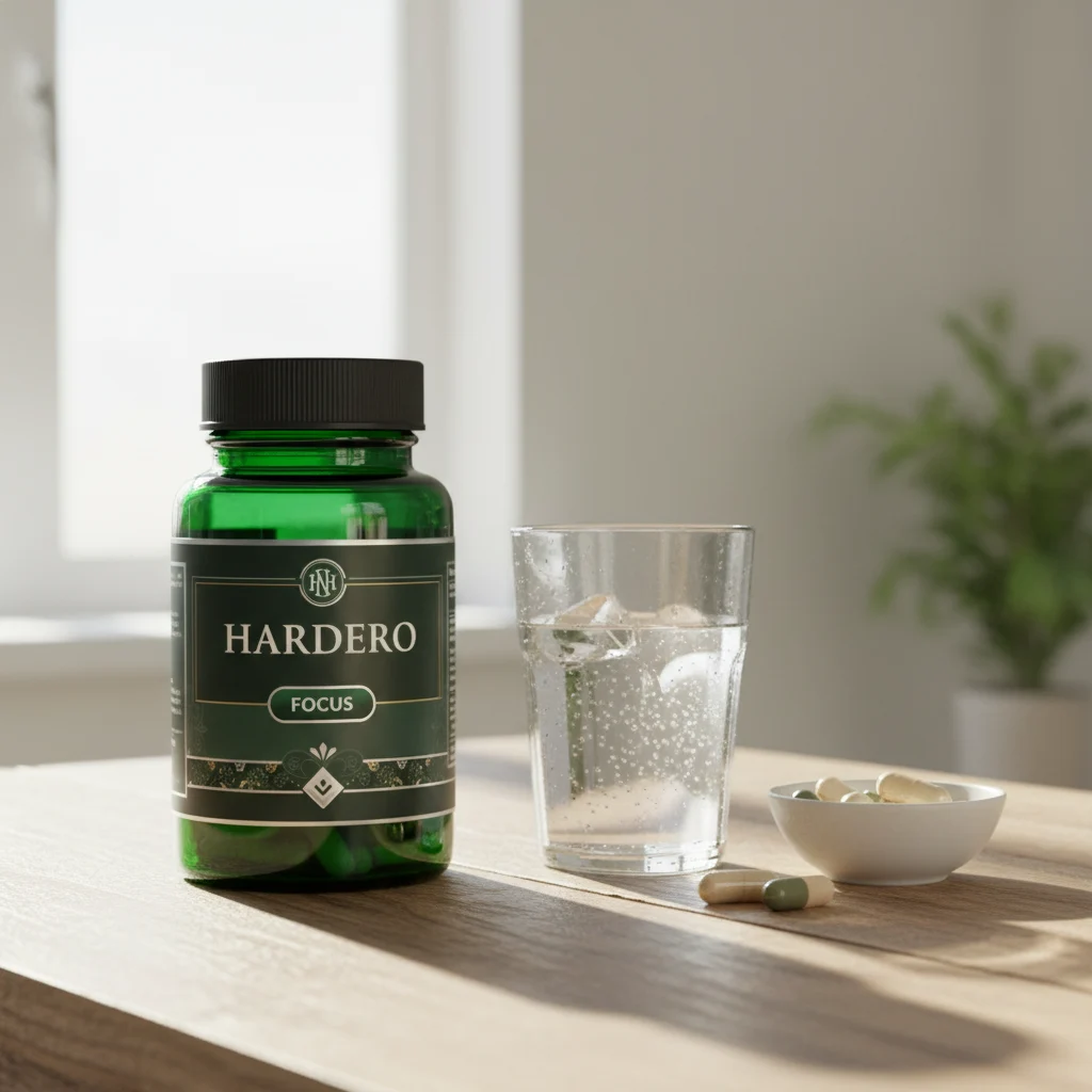 Hardero supplement bottle beside a glass of water and fenugreek seeds - male wellness routine supplement 60 capsules